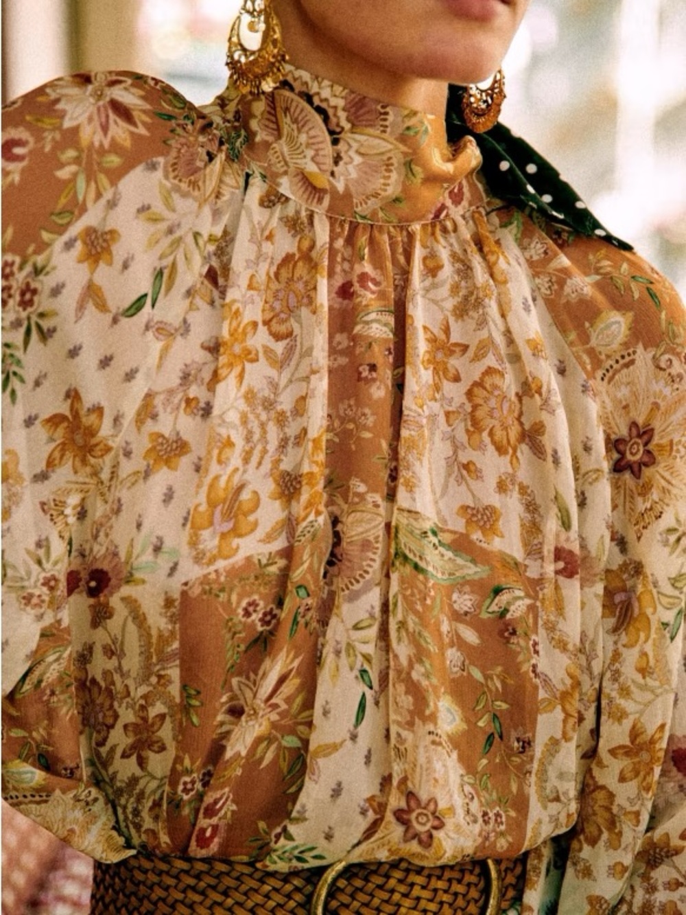 SEZANE Orange Tan Boho Floral Patchwork Flowy Chiffon Tie Back Solange Blouse - Picture 4 of 17